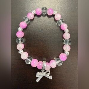 Pink and Silver Beaded Bracelet with Bow Charm
